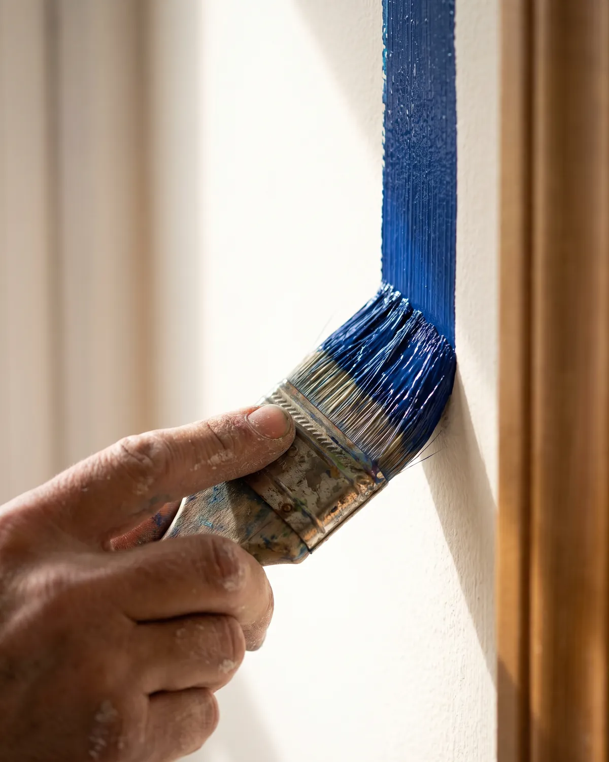 Pinsel zieht eine exakte blaue Kante an einer weißen Wand